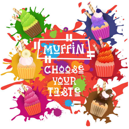 Muffins Set Colorful Desserts Collection Choose Your Taste Cafe Poster Vector Illustrationのイラスト素材