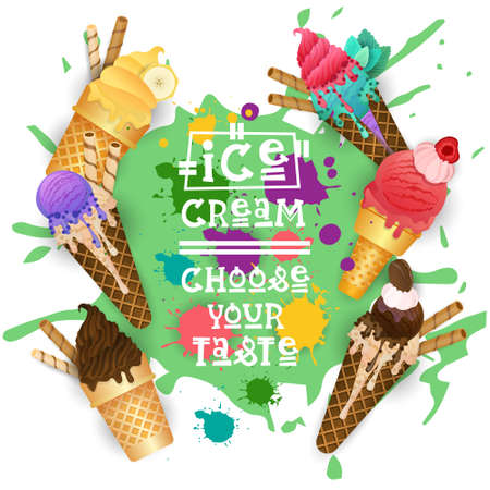 Ice Cream Cones Set Colorful Desserts Collection Choose Your Taste Cafe Poster Vector Illustrationのイラスト素材