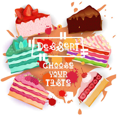 Cakes Set Colorful Desserts Collection Choose Your Taste Cafe Poster Vector Illustrationのイラスト素材