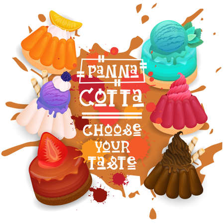 Panna Cotta Set Desserts Collection Colorful Icon Choose Your Taste Cafe Poster Vector Illustrationのイラスト素材