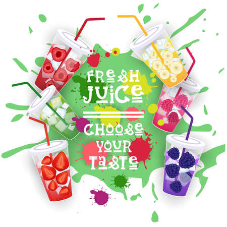 Fresh Juice Set Colorful Fruit Drinks Collection Choose Your Taste Cafe Poster Vector Illustrationのイラスト素材