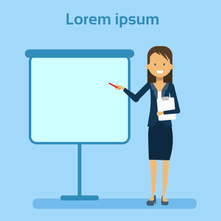 Businesswoman Pointing To Empty White Board, Showing An Copy Space, Business Woman Presentation Or Conference Concept Flat Vector Illustrationのイラスト素材