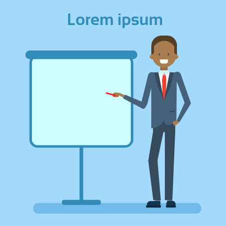 African American Businessman Pointing To Empty White Board, Showing An Copy Space, Business Man Presentation Or Conference Concept Flat Vector Illustrationのイラスト素材