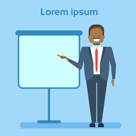 African American Businessman Pointing To Empty White Board, Showing An Copy Space, Business Man Presentation Or Conference Concept Flat Vector Illustrationのイラスト素材