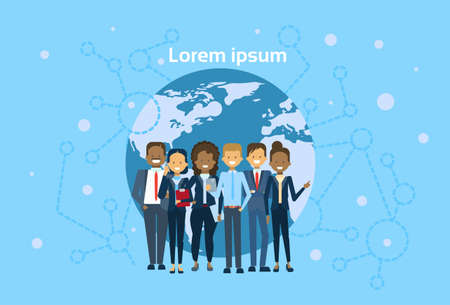 Diverse Group Of Businesspeople Over World Map Globe International Business People Team Concept Flat Vector Illustrationのイラスト素材