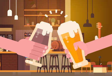 Hands Clinking Beer People In Pub Or Bar Restaurant Cheering Party Celebration Festival Concept Flat Vector Illustrationのイラスト素材