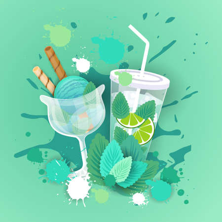 Fresh Ice Cream With Cocktail Sweet Beautiful Dessert Delicious Food Banner Flat Vector Illustrationのイラスト素材