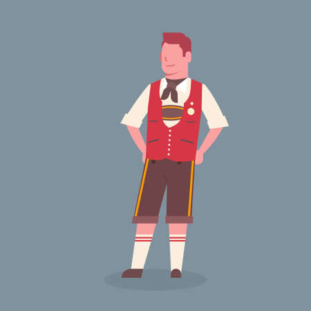 Man Wearing Traditional German Clothes Oktoberfest Waiter Beer Fest Concept Flat Vector Illustrationのイラスト素材
