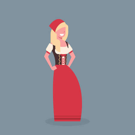 Woman Wearing Traditional German Clothes Oktoberfest Waitress Beer Fest Concept Flat Vector Illustrationのイラスト素材