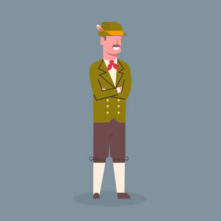 Man Wearing Traditional German Clothes Oktoberfest Waiter Beer Fest Concept Flat Vector Illustrationのイラスト素材