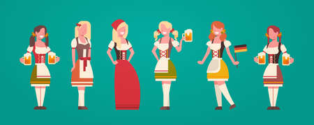 Group Of Woman Waitress Wearing German Traditional Clothes Female Holding Beer Mugs Oktoberfest Concept Flat Vector Illustrationのイラスト素材