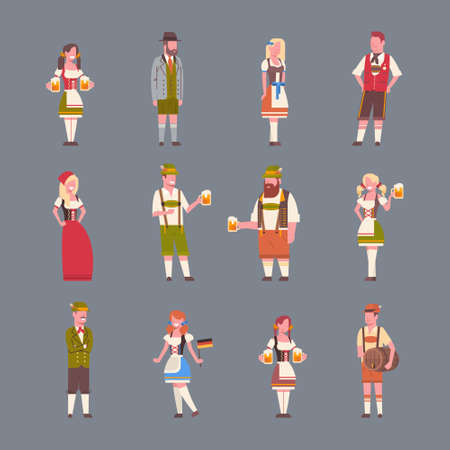 People Wearing German Traditional Clothes Set Of Icons Of Man And Woman Holding Beer Mugs Oktoberfest Party Concept Flat Vector Illustrationのイラスト素材