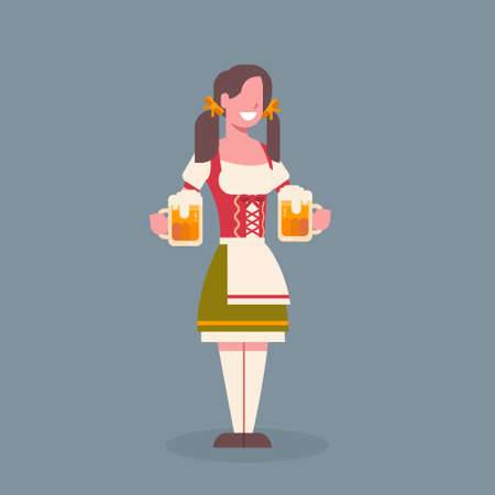 Woman Hold Beer Mug Wearing Traditional German Clothes Oktoberfest Waitress Fest Concept Flat Vector Illustrationのイラスト素材