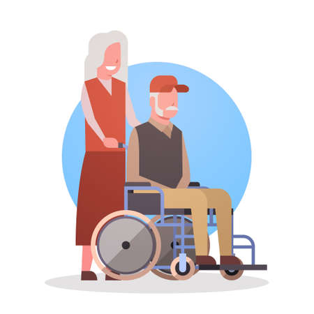 Senior Man On Wheel Chair And Woman Couple Grandmother And Grandfathr Gray Hair Icon Flat Vector Illustrationのイラスト素材