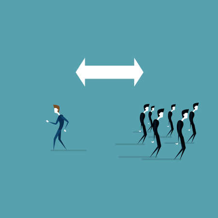 Businessman Walking To Different Side Of Arrow From Business People Group Flat Vector Illustrationのイラスト素材