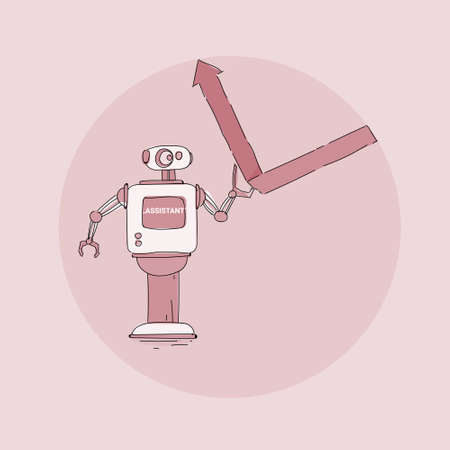 Modern Robot Putting Financial Graph Arrow Up Icon, Futuristic Artificial Intelligence Mechanism Technology Vector Illustrationのイラスト素材