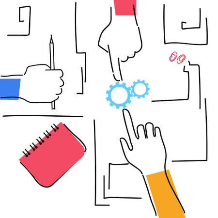 Hands Woking Team Together Making Business Plan Workplace Desk Top Angle View Vector Illustrationのイラスト素材