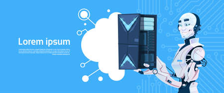 Modern Robot Hold Cloud Database Server, Futuristic Artificial Intelligence Mechanism Technology Flat Vector Illustrationのイラスト素材