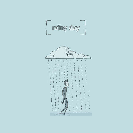 Business Man Standing Under Rain Cloud Rainy Day Problem Concept Vector Illustrationのイラスト素材