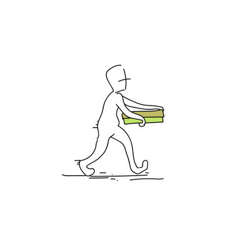 Courier Man Carry Pizza Box Food Delivery Service Doodle Vector Illustrationのイラスト素材