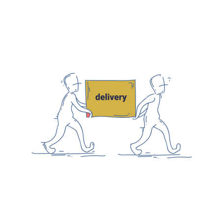 Two Courier Man Carry Box Delivery Service Doodle Vector Illustrationのイラスト素材
