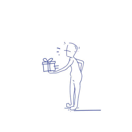 Courier Man Hold Gift Box Delivery Service Doodle Vector Illustrationのイラスト素材