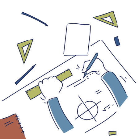 Hands Making Blueprint Design Workplace Desk Top Angle View Vector Illustrationのイラスト素材