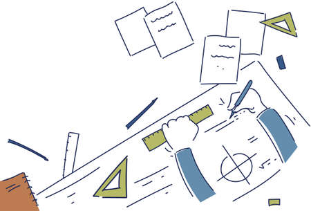 Hands Making Blueprint Design Workplace Desk Top Angle View Vector Illustrationのイラスト素材