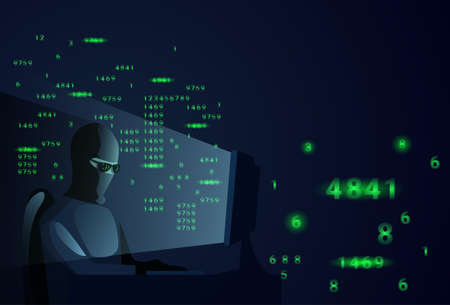 Hacker Man Behind Desktop Computer Night Attack And Data Security Concept Vector Illustrationのイラスト素材