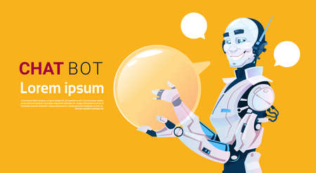 Chat Bot, Robot Virtual Assistance Element Of Website Or Mobile Applications, Artificial Intelligence Concept Flat Vector Illustrationのイラスト素材