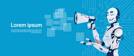 Modern Robot Holding Megaphone, Futuristic Artificial Intelligence Mechanism Technology Flat Vector Illustrationのイラスト素材