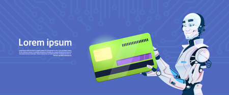 Modern Robot Hold Credit Card Mobile Payment, Futuristic Artificial Intelligence Mechanism Technology Flat Vector Illustrationのイラスト素材