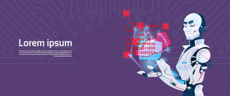 Modern Robot Coding, Futuristic Artificial Intelligence Mechanism Technology Flat Vector Illustrationのイラスト素材