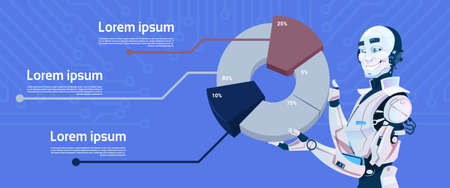 Modern Robot Hold Graphic Diagram, Futuristic Artificial Intelligence Mechanism Technology Flat Vector Illustrationのイラスト素材