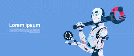 Modern Robot Hold Hold Spanner Wrench, Futuristic Artificial Intelligence Mechanism Technology Flat Vector Illustrationのイラスト素材