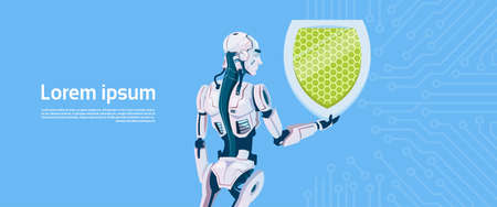 Modern Robot Hold Shield Data Protection Concept, Futuristic Artificial Intelligence Mechanism Technology Flat Vector Illustrationのイラスト素材