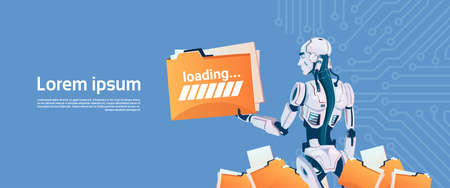 Modern Robot Hold Loading File Folder, Futuristic Artificial Intelligence Mechanism Technology Flat Vector Illustrationのイラスト素材
