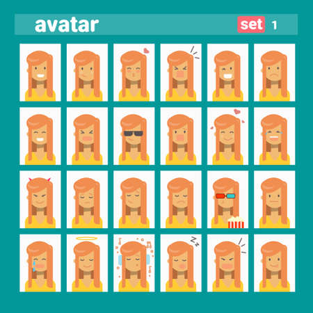Female Different Emotion Set Profile Icon, Woman Cartoon Portrait Face Collection Vector Illustrationのイラスト素材
