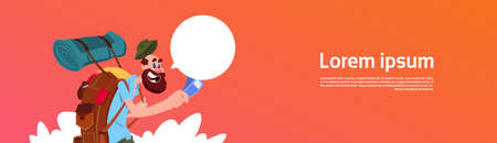 Traveler Man With Big Backpack Holding Money Stack Hiker Happy Smiling Isolated Over Copy Space Flat Vector Illustrationのイラスト素材