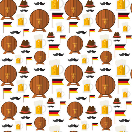 Seamless Pattern Beer Barrels And Mugs Ornament Oktoberfest Festival Holiday Decoration Concept Flat Vector Illustrationのイラスト素材