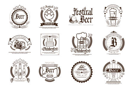 Oktoberfest Beer Festival Set Holiday Decoration Posters Design Flat Vector Illustrationのイラスト素材