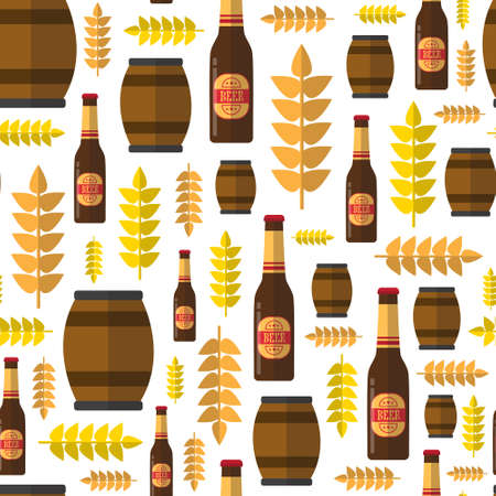 Seamless Pattern Beer Barrels And Bottles Ornament Oktoberfest Festival Holiday Decoration Concept Flat Vector Illustrationのイラスト素材