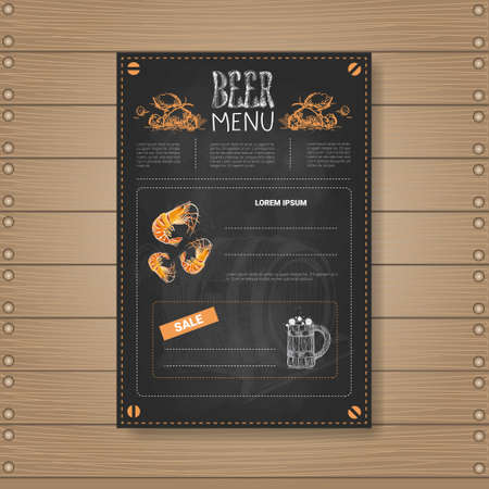 Beer Menu Design For Restaurant Cafe Pub Chalked On Wooden Textured Background Vector Illustrationのイラスト素材