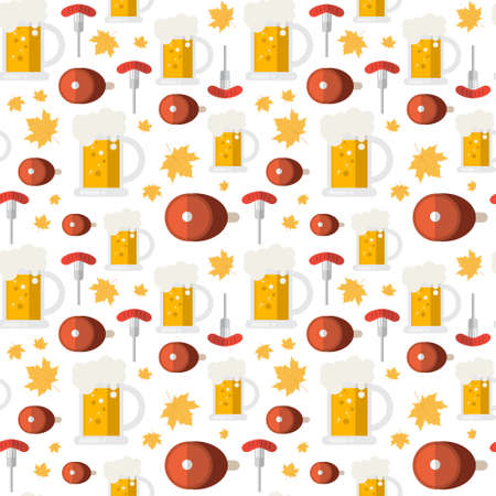 Seamless Pattern Ham And Beer Mugs Ornament Oktoberfest Festival Holiday Decoration Concept Flat Vector Illustrationのイラスト素材