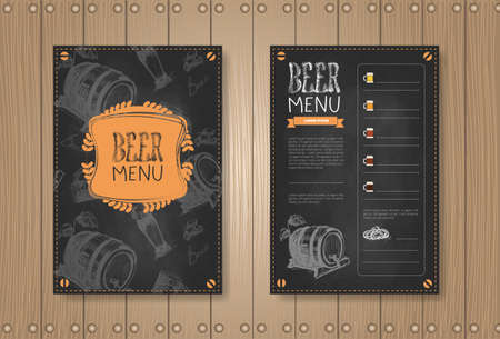 Beer Menu Set Design For Restaurant Cafe Pub Chalked On Wooden Textured Background Vector Illustrationのイラスト素材