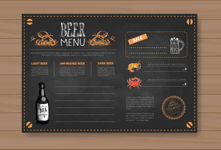 Beer And Sea Food Menu Design For Restaurant Cafe Pub Chalked On Wooden Textured Background Vector Illustrationのイラスト素材