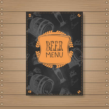 Beer Menu Design For Restaurant Cafe Pub Chalked On Wooden Textured Background Vector Illustrationのイラスト素材