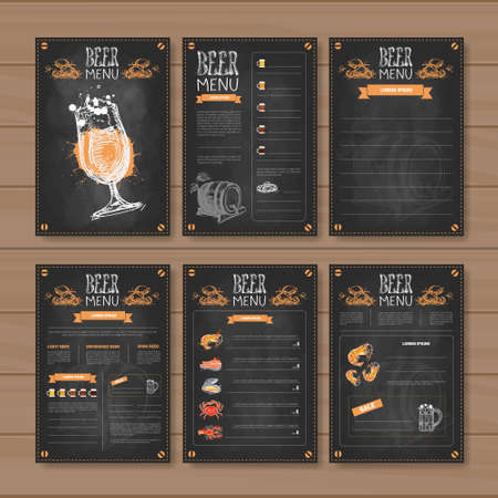 Beer Menu Set Design For Restaurant Cafe Pub Chalked On Wooden Textured Background Vector Illustrationのイラスト素材