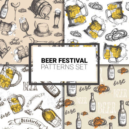 Oktoberfest Seamless Pattern Set German Beer Festival Holiday Decoration Design Flat Vector Illustrationのイラスト素材