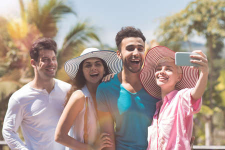 Cheerful Group Of People Making Selfie Photo Portrait Happy Smiling Mix Race Man And Woman Making...